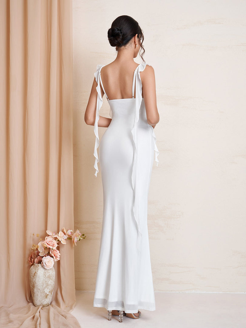 Ruffle Trim Ruched Bodycon Mesh Dress | Wedding Guest Dress