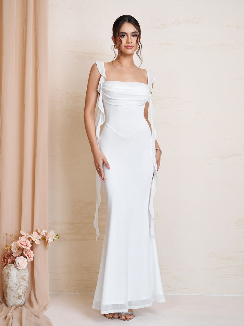 Ruffle Trim Ruched Bodycon Mesh Dress | Wedding Guest Dress