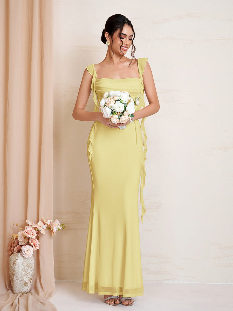 Ruffle Trim Ruched Bodycon Mesh Dress | Wedding Guest Dress