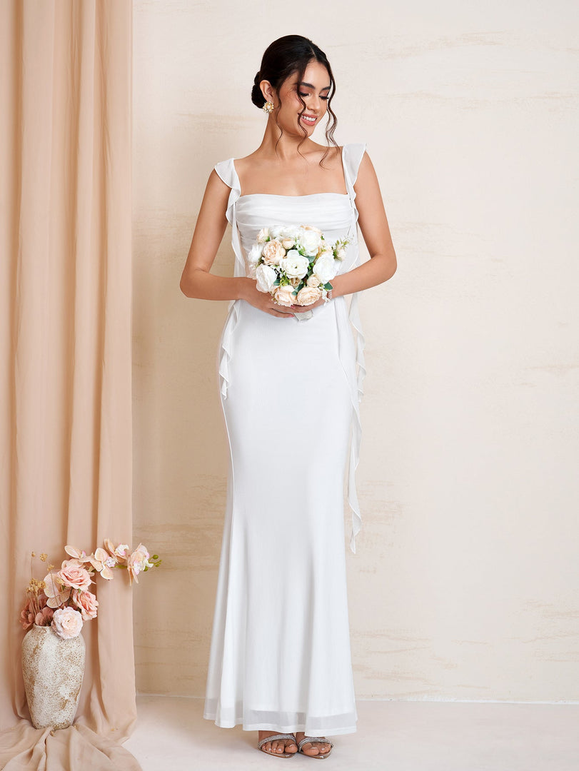 Ruffle Trim Ruched Bodycon Mesh Dress | Wedding Guest Dress