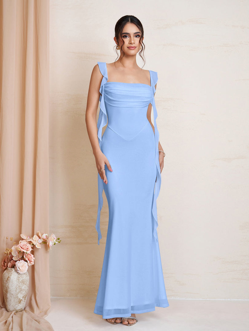 Ruffle Trim Ruched Bodycon Mesh Dress | Wedding Guest Dress