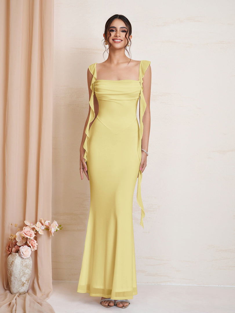 Ruffle Trim Ruched Bodycon Mesh Dress | Wedding Guest Dress