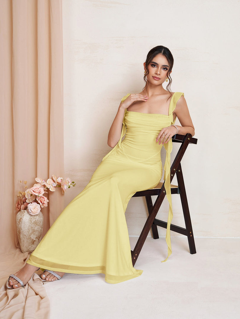 Ruffle Trim Ruched Bodycon Mesh Dress | Wedding Guest Dress