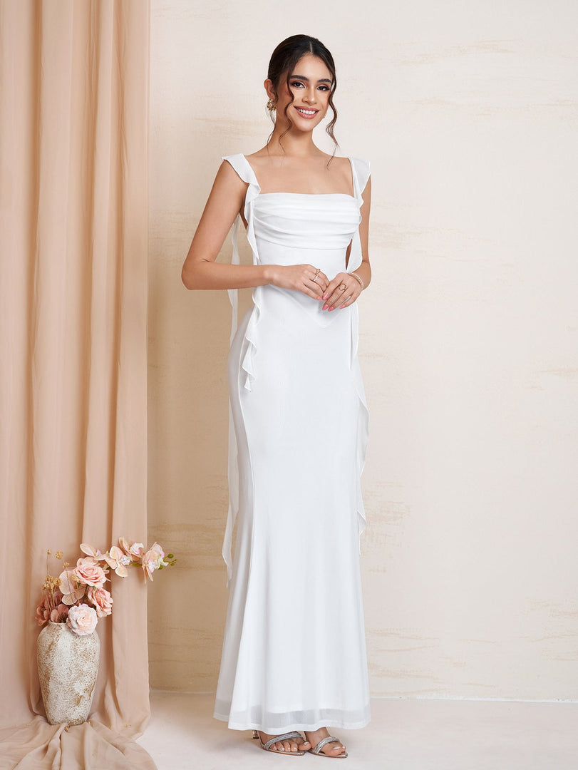 Ruffle Trim Ruched Bodycon Mesh Dress | Wedding Guest Dress