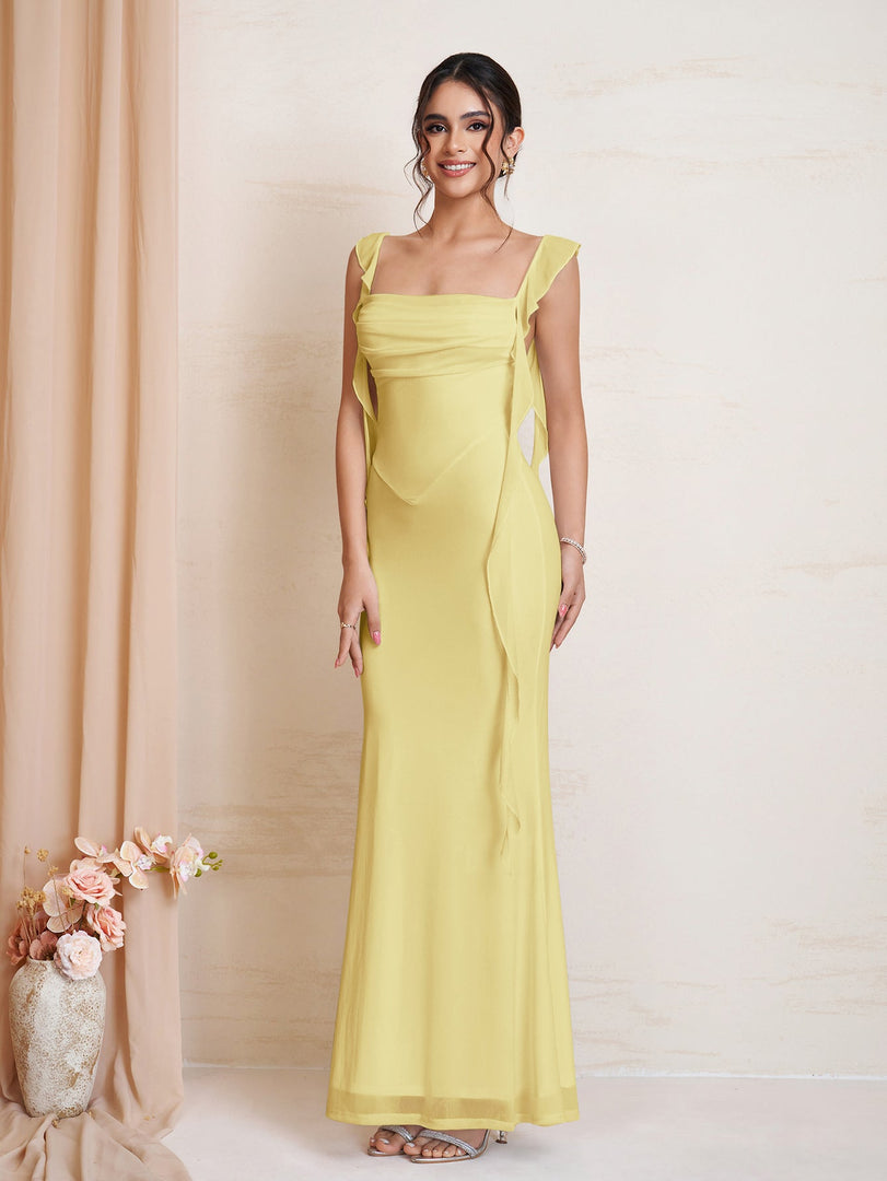 Ruffle Trim Ruched Bodycon Mesh Dress | Wedding Guest Dress