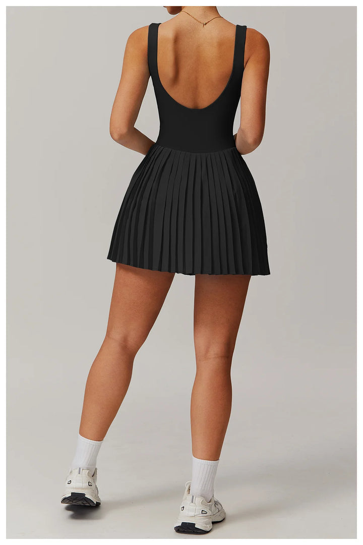 Luxurious Contoured Yoga Jumpsuit With Pleated Skirt Set