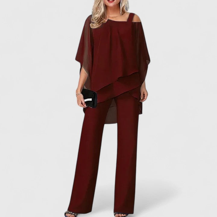Women's Two Piece Set Off Shoulder Cape Top Wide Leg Pants Formal Style