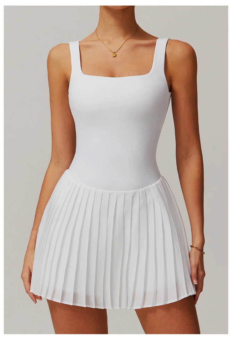 Luxurious Contoured Yoga Jumpsuit With Pleated Skirt Set