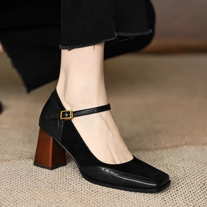 Women's Wedding Shoes Buckle Strap Block Heel Square Toe Style