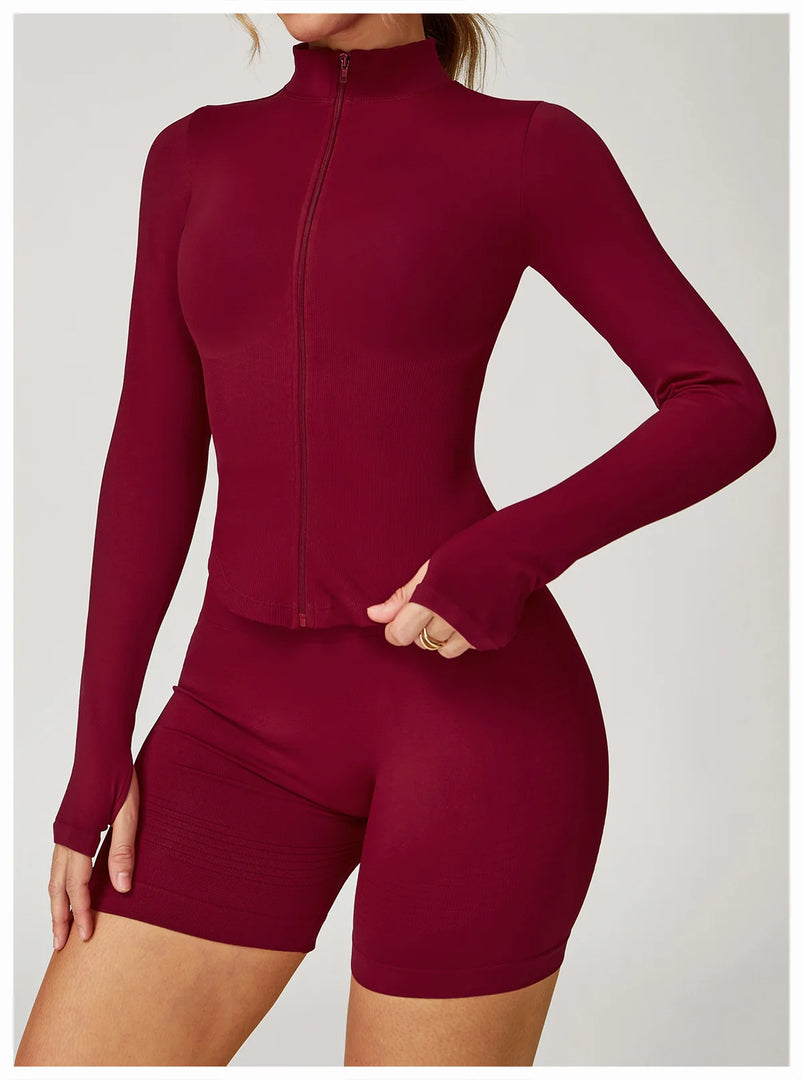 Seamless Contour Yoga Top With Zippered Long Sleeve