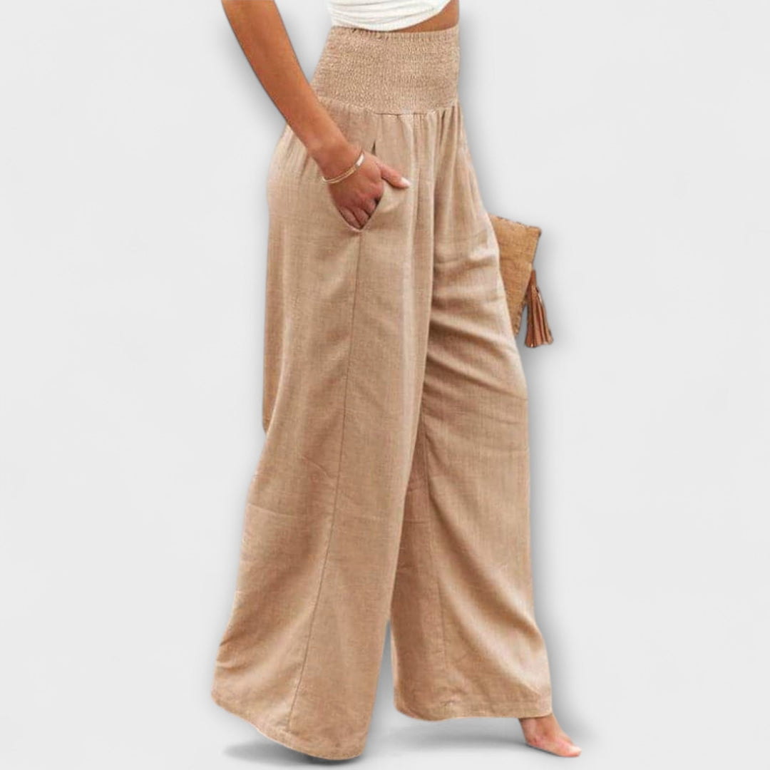 Women's Khaki Wide Leg Pants Smocked High Waist Pleated Front Pocket Casual Style