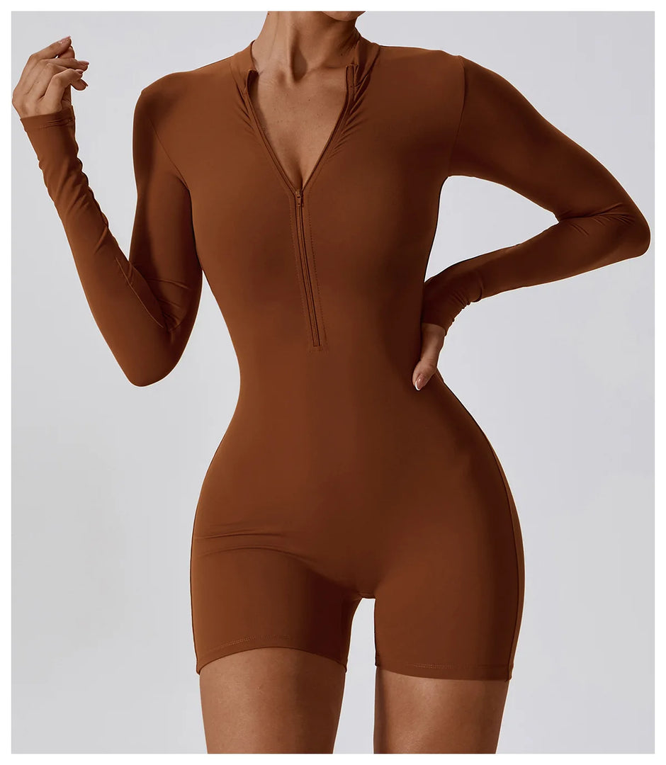 Zippered Long Sleeve Contour Yoga Jumpsuit Performance