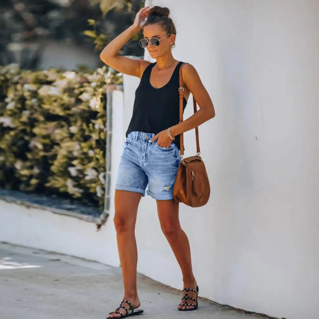 Women's Light Blue Denim Shorts High Waist Frayed Hem Style