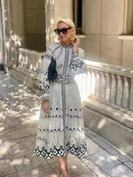 Load image into Gallery viewer, Women's Beige Printed a Line Dress Stand Collar Long Sleeve Belted Midi Casual Style

