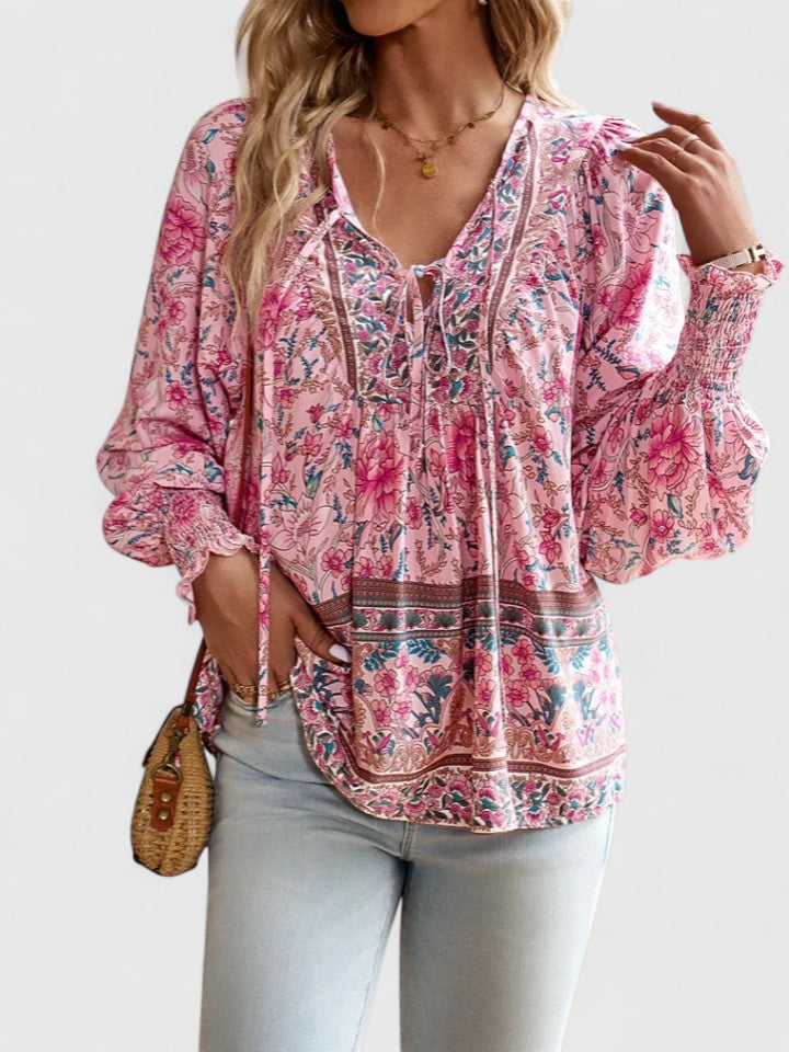 Women's Floral Long Sleeve Boho Peasant Top
