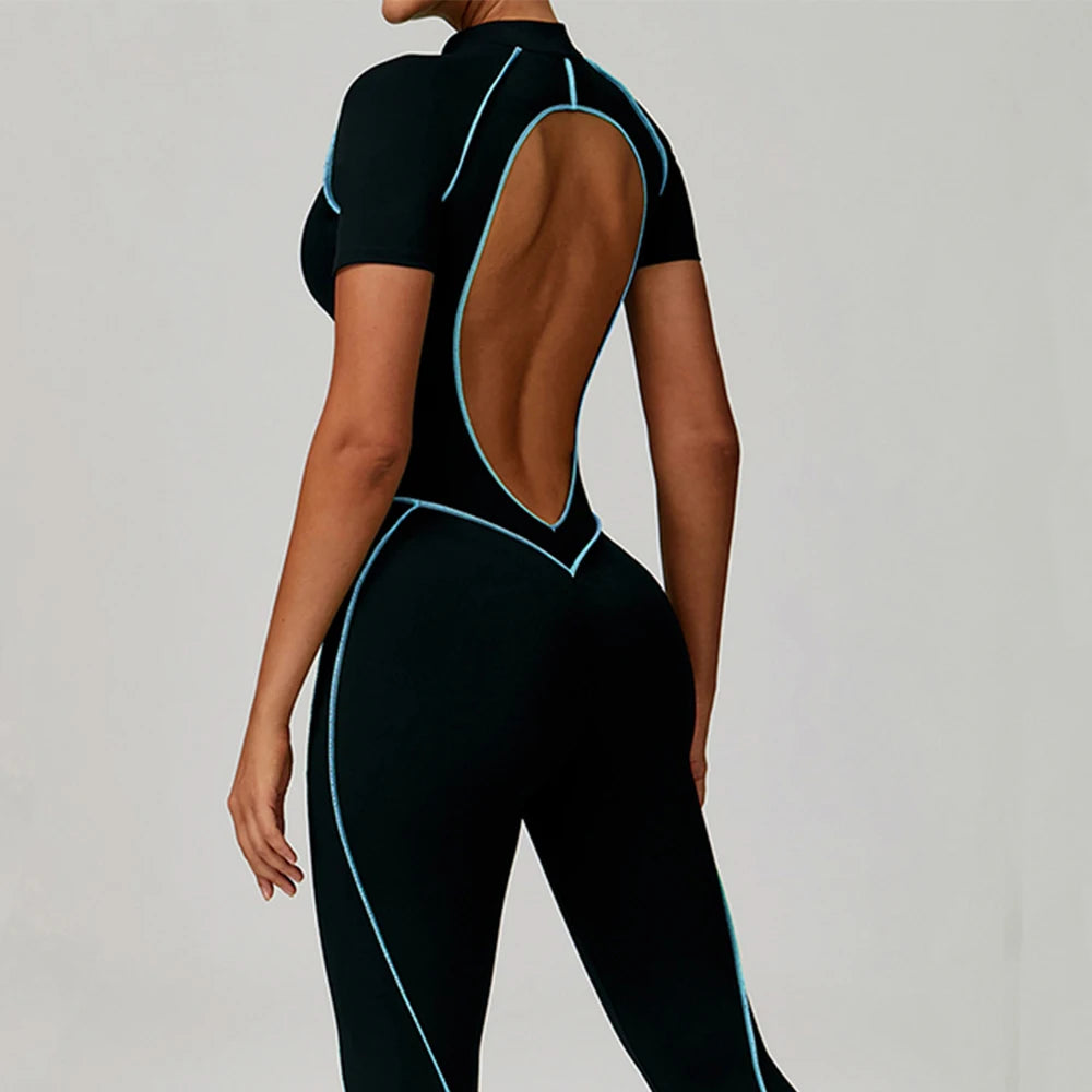 Contoured Zippered Performance Yoga Jumpsuit Nylon Knit