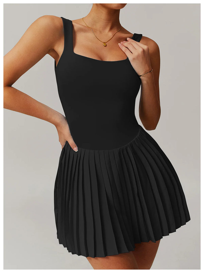 Luxurious Contoured Yoga Jumpsuit With Pleated Skirt Set