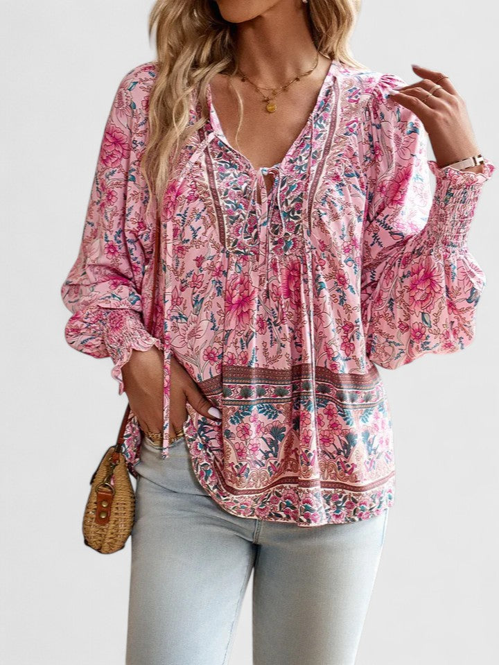 Women's Floral Long Sleeve Boho Peasant Top