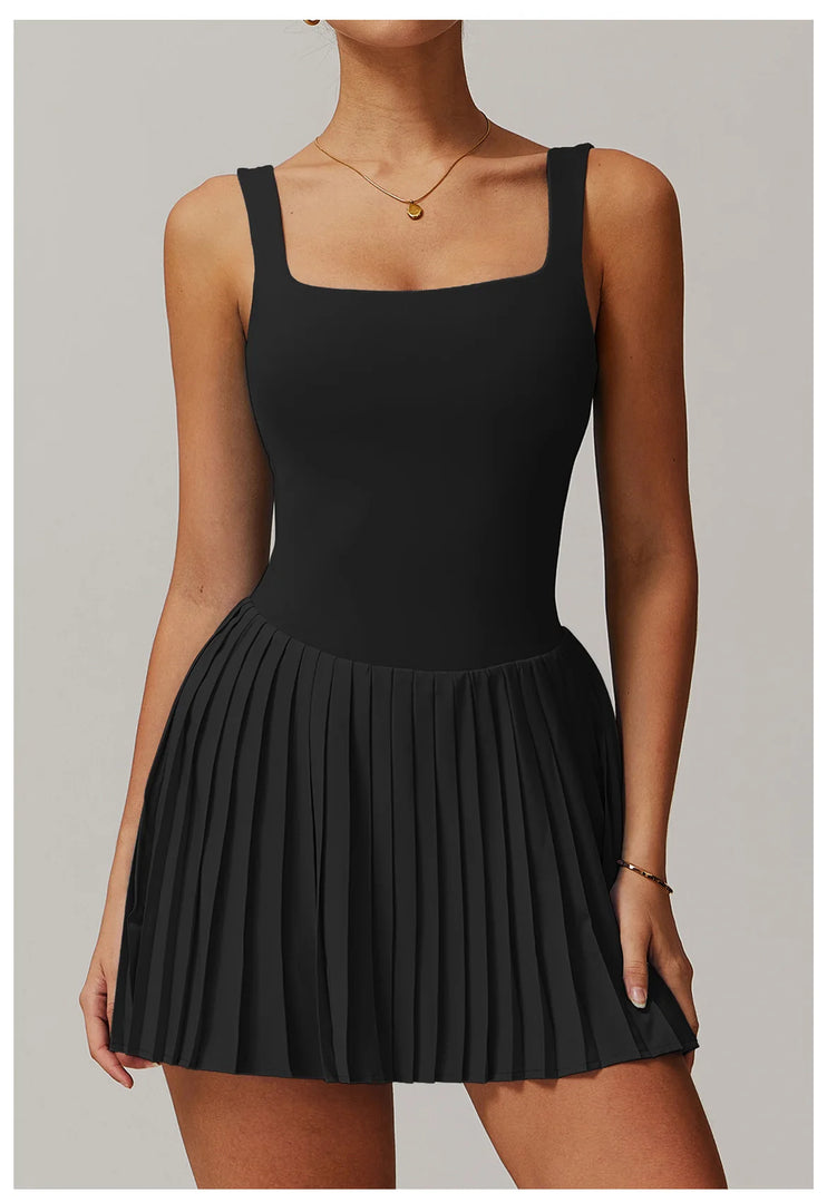 Luxurious Contoured Yoga Jumpsuit With Pleated Skirt Set