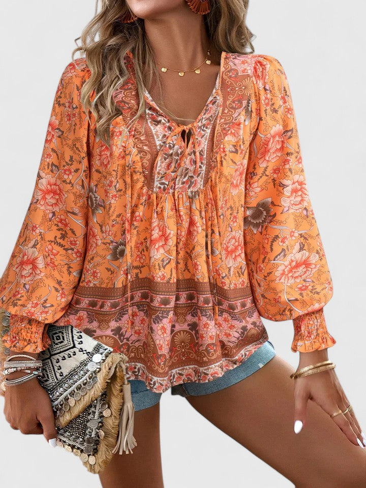 Women's Floral Long Sleeve Boho Peasant Top
