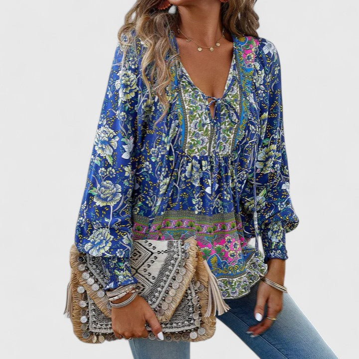 Women's Floral Long Sleeve Boho Peasant Top