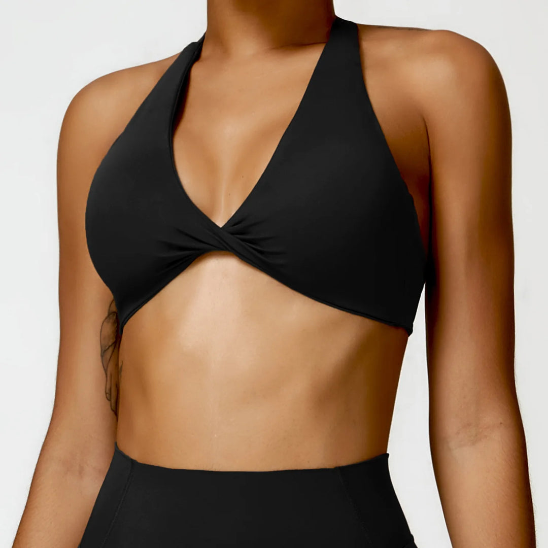 Breathable Contoured Nylon Halter Bralette With Twist