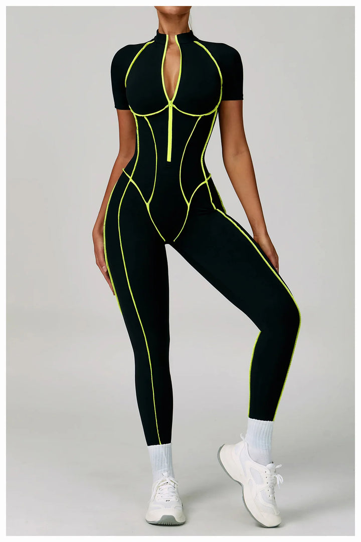Contoured Zippered Performance Yoga Jumpsuit Nylon Knit