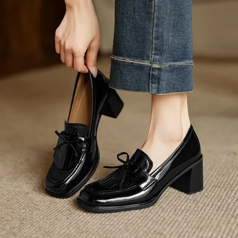 Women's Tassel Loafer Pumps Block Heel Round Toe Heels