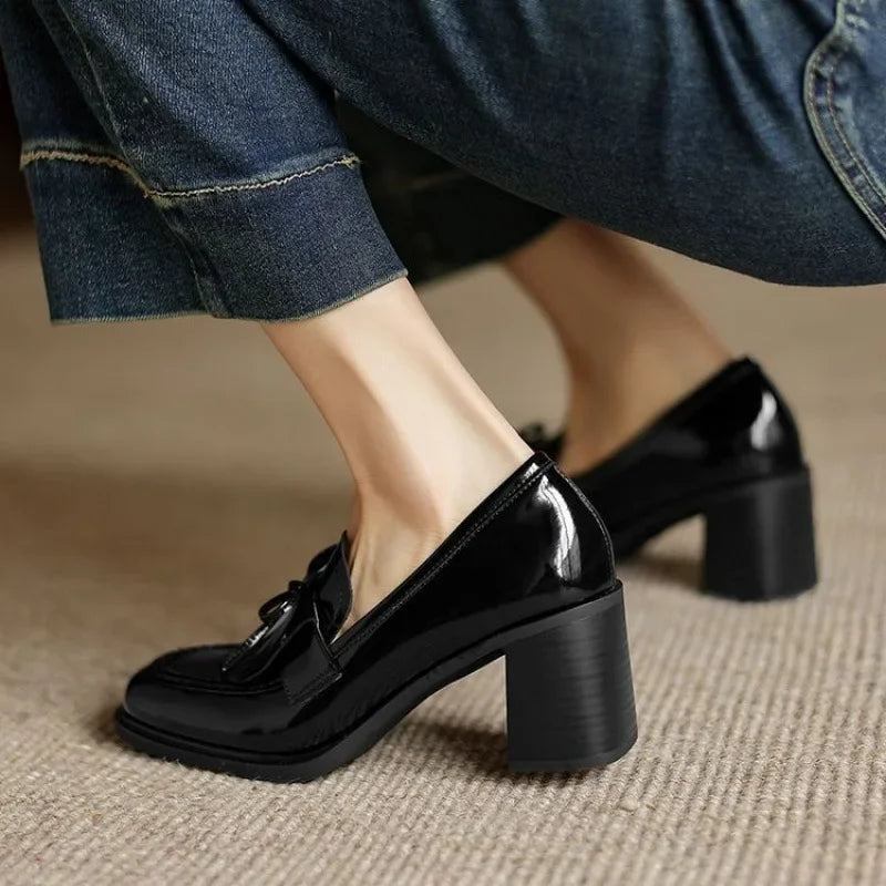Women's Tassel Loafer Pumps Block Heel Round Toe Heels