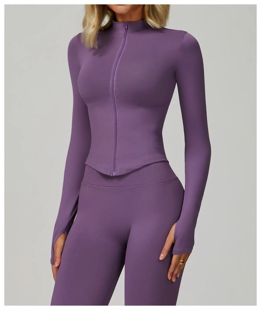Seamless Contour Yoga Top With Zippered Long Sleeve