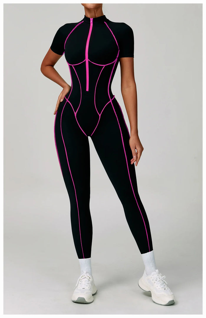 Contoured Zippered Performance Yoga Jumpsuit Nylon Knit