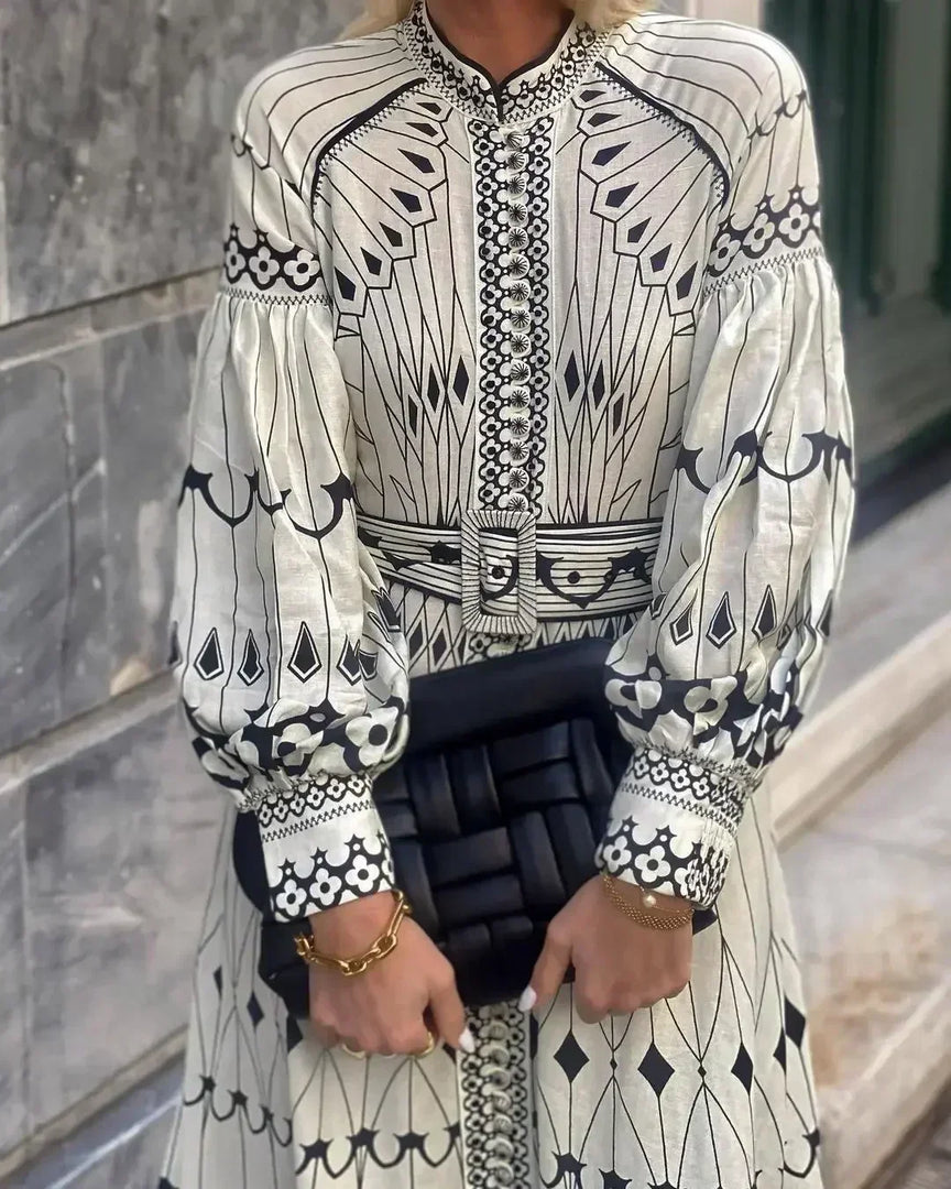 Women's Beige Printed a Line Dress Stand Collar Long Sleeve Belted Midi Casual Style
