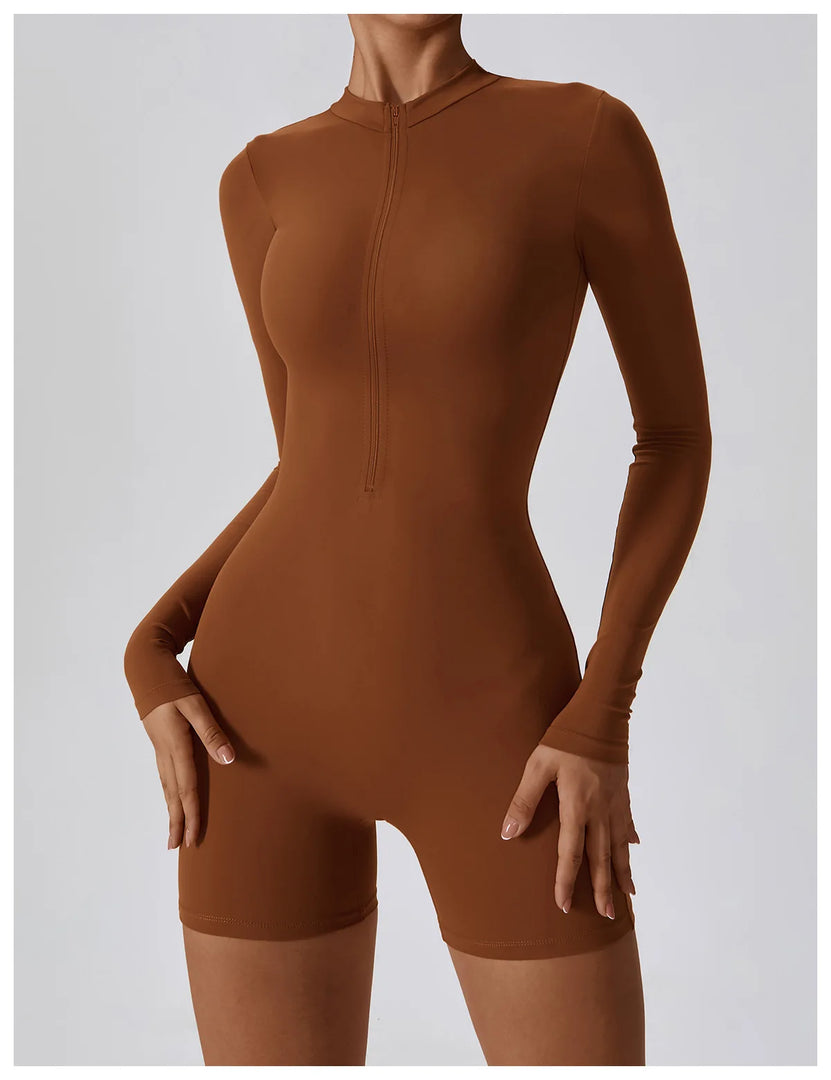 Zippered Long Sleeve Contour Yoga Jumpsuit Performance