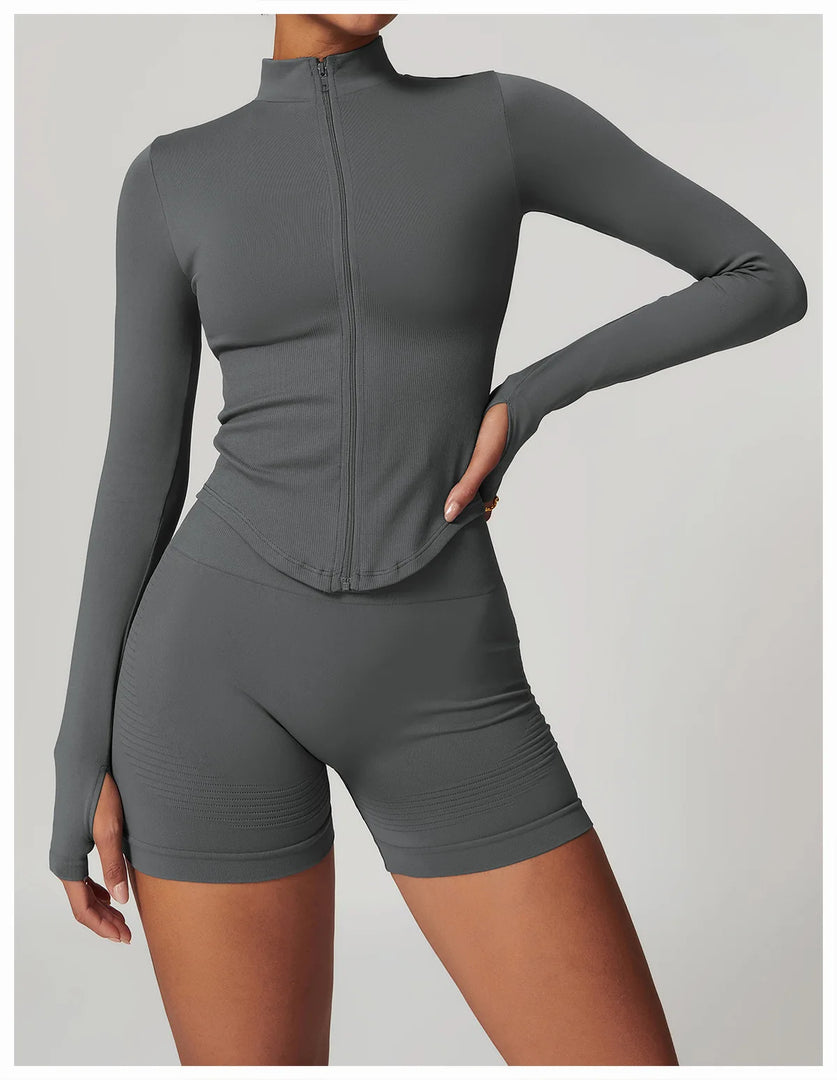Seamless Contour Yoga Top With Zippered Long Sleeve