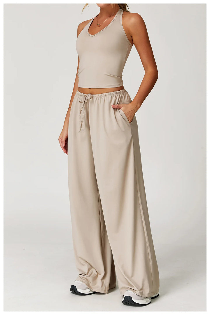 Breathable Contour Drawstring Wide Leg Athletic Pants