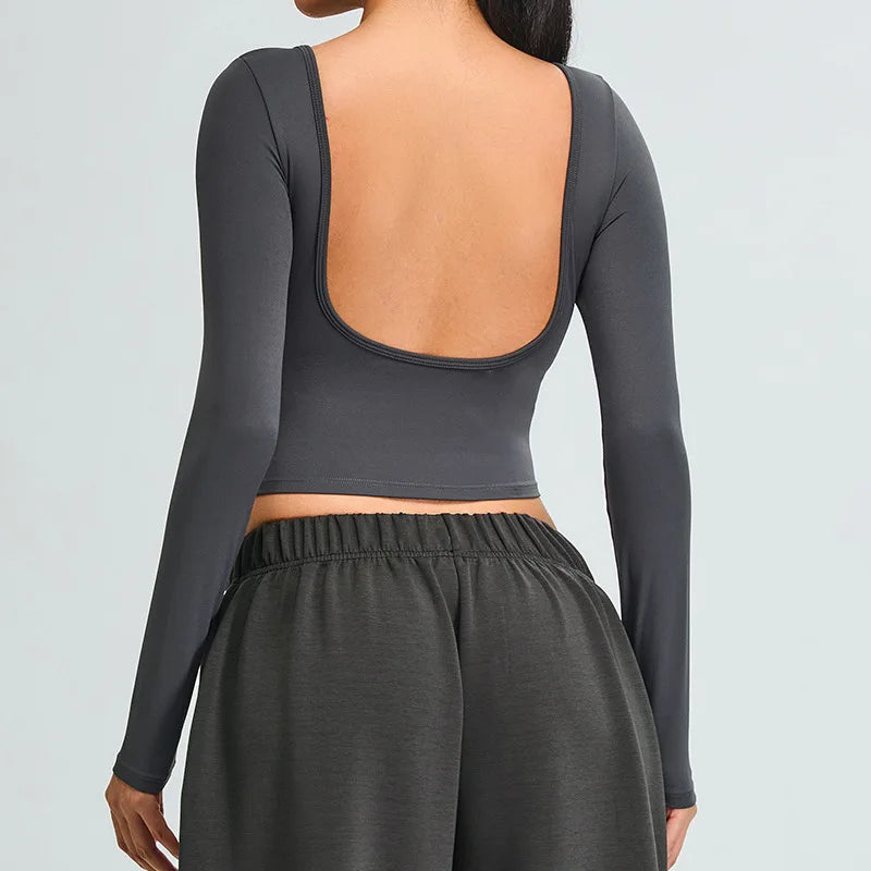Soft Backless Sculpted Athleisure Crop Top With Sleeves