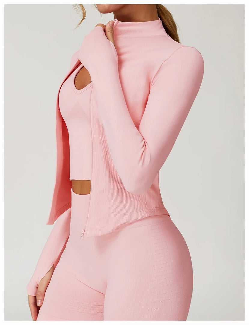 Seamless Contour Yoga Top With Zippered Long Sleeve