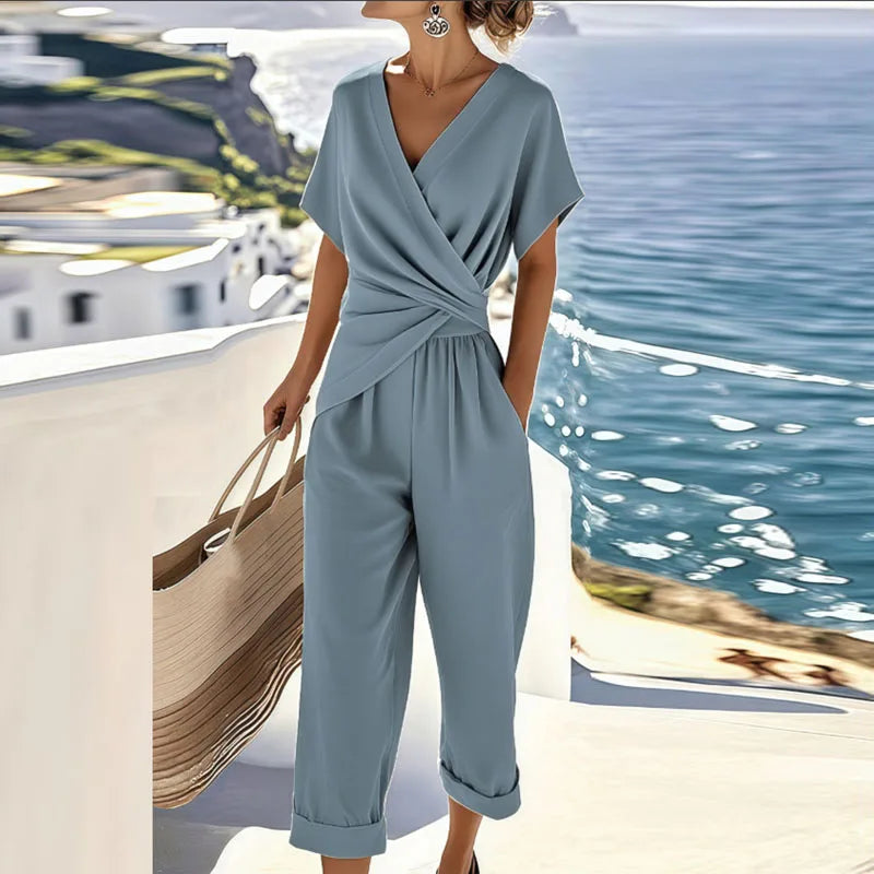 Women's Wrap Jumpsuit V Neck Short Sleeve Tie Waist Wide Leg Flowing Style