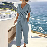Women's Wrap Jumpsuit V Neck Short Sleeve Tie Waist Wide Leg Flowing Style