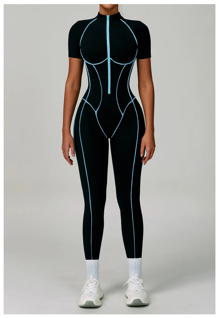 Contoured Zippered Performance Yoga Jumpsuit Nylon Knit