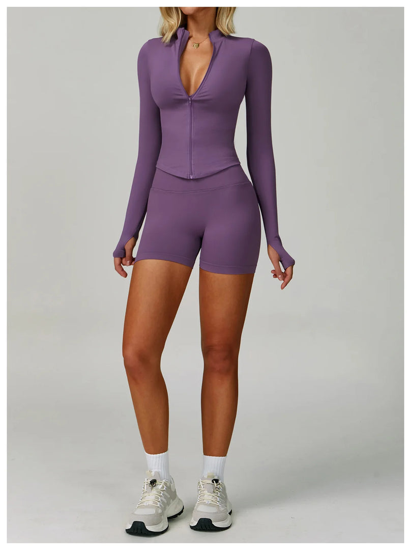 Seamless Contour Yoga Top With Zippered Long Sleeve