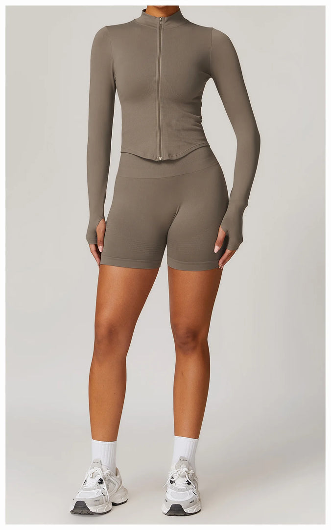 Seamless Contour Yoga Top With Zippered Long Sleeve
