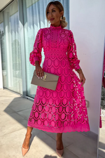 Load image into Gallery viewer, Women's Lace Midi Dress High Neck Long Sleeve Crochet a Line Formal Cocktail Style
