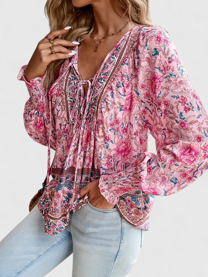 Women's Floral Long Sleeve Boho Peasant Top