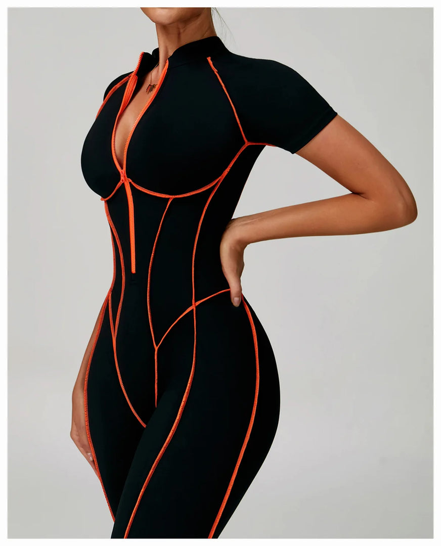 Contoured Zippered Performance Yoga Jumpsuit Nylon Knit