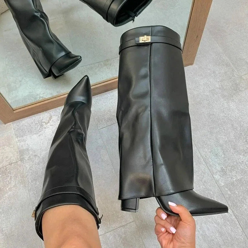 Women's Leather Thigh-High Boots with Buckle