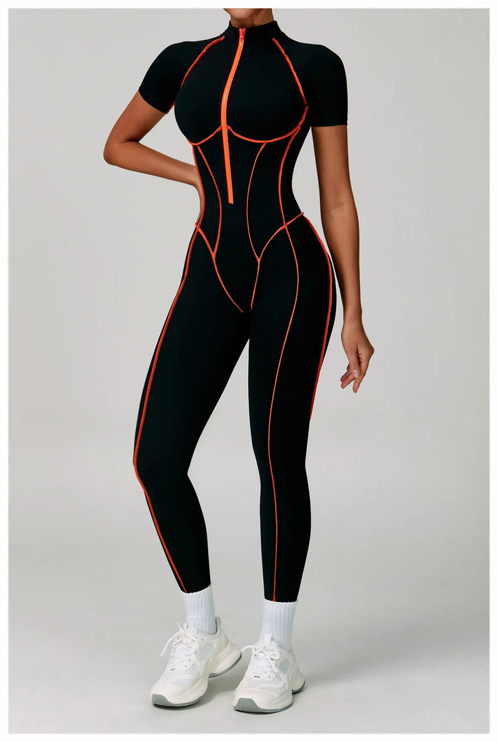 Contoured Zippered Performance Yoga Jumpsuit Nylon Knit