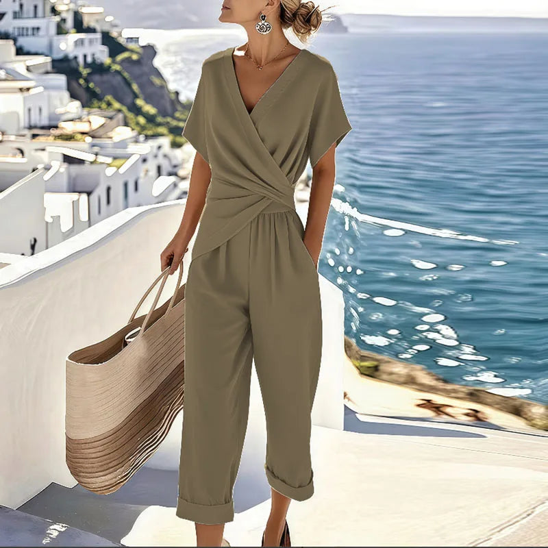 Women's Wrap Jumpsuit V Neck Short Sleeve Tie Waist Wide Leg Flowing Style
