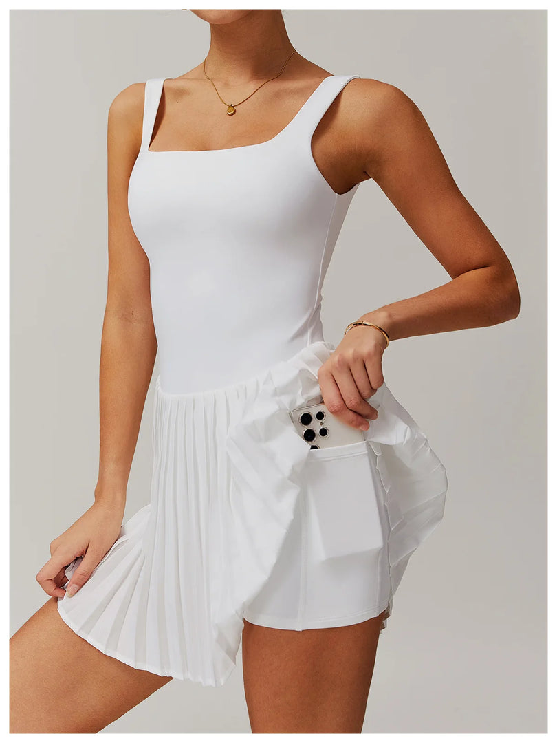 Luxurious Contoured Yoga Jumpsuit With Pleated Skirt Set