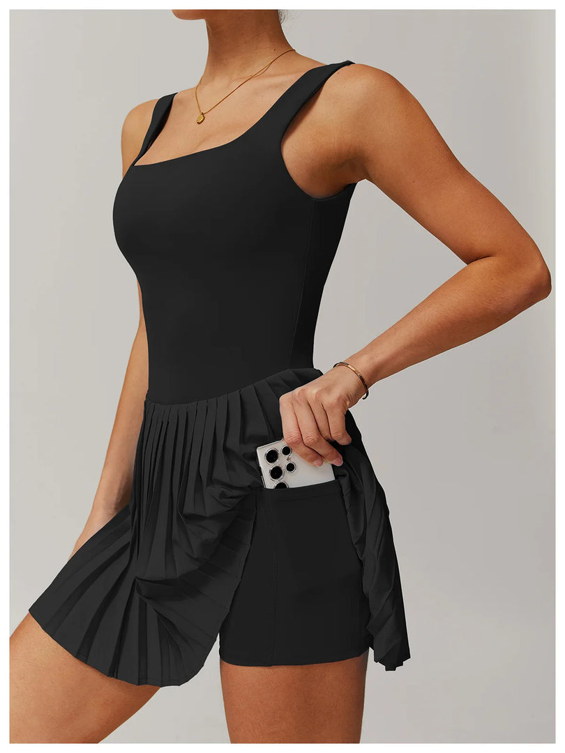 Luxurious Contoured Yoga Jumpsuit With Pleated Skirt Set
